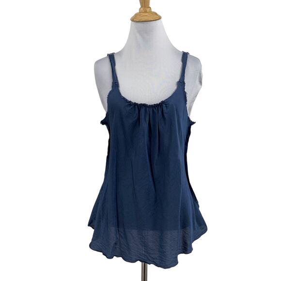 Brazeau Tricot Top Womens 3 Blue Silk Blend Adjust Strap Sheer Distressed Trim - Picture 1 of 10